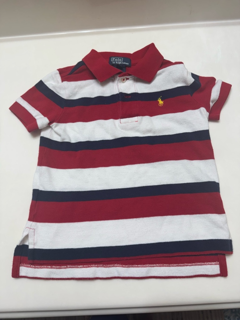 Ralph Lauren Red, White & Navy Striped Kids Polo with Yellow Pony